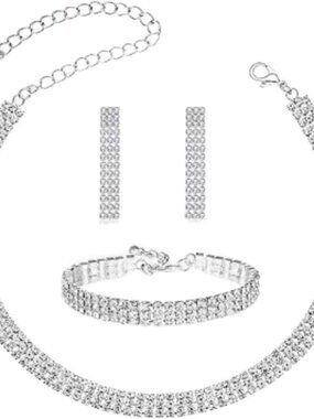 Crystal Wedding Jewelry Set, Silver Necklace Earrings Bracelet Crystal Bridal We